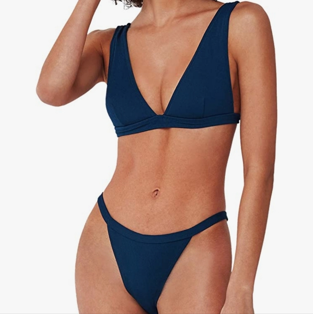 Blue V-Neck Low Waisted Bikini Set